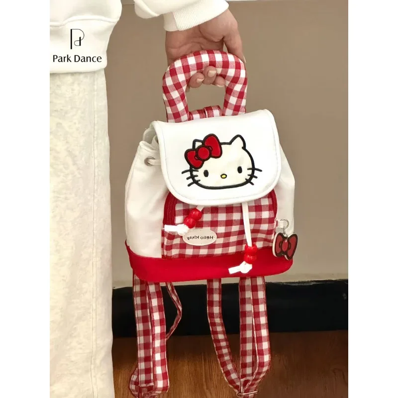 Sanrio Hello Kitty мультфильм портативный чехол на шнурке красный клетчатый рюкзак kt cat в студенческом стиле женский каваи модный крутой рюкзак