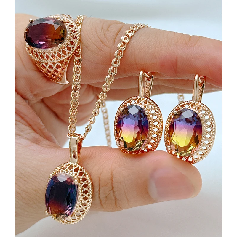 Kienl Hot Multicolor Stone Ring Earrings Necklace for Women Trend 585 Rose Gold Color High Quality Ethnic Bridal Jewelry Sets