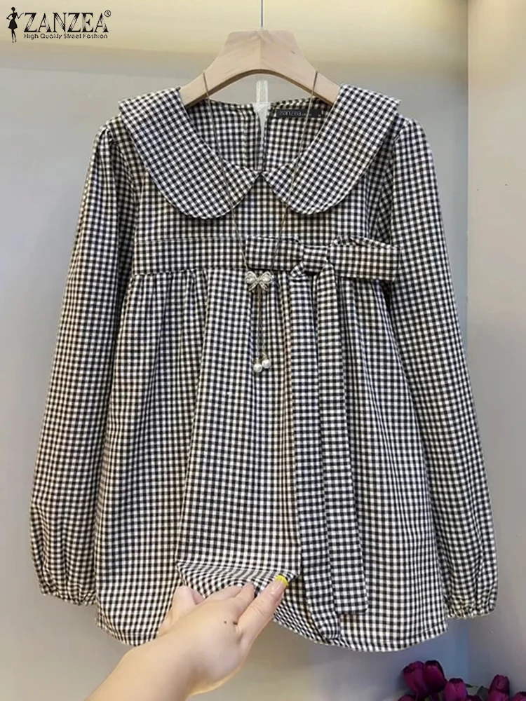 

ZANZEA Women's Blouse Fashion Long Sleeve Peter Pan Collar Plaid Tops Autumn Spring Checked Shirts 2025 Casual Loose Blusas