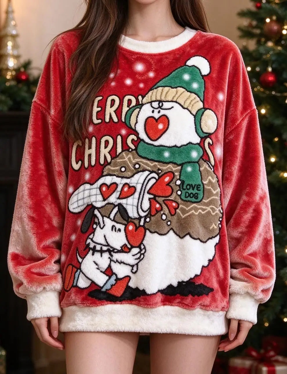 Women Crew Neck Flannel Sweatshirt Red Gradient Cartoon Snowman Dog Merry Christmas Print Long Sleeve Winter Warm Pullover Top