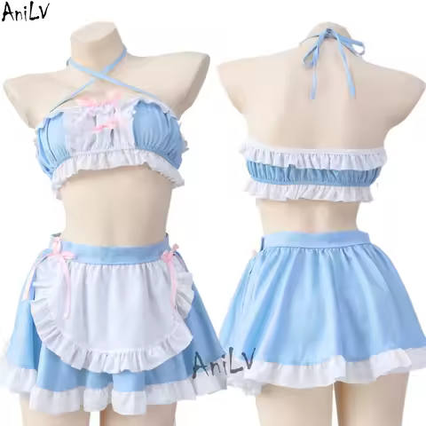 AniLV Kawaii Girl Anime Cafe Clerk Maid Unifrom Outfits Women Cute Lolita Blue Pajamas Pool Party Waiter Costumes Cosplay