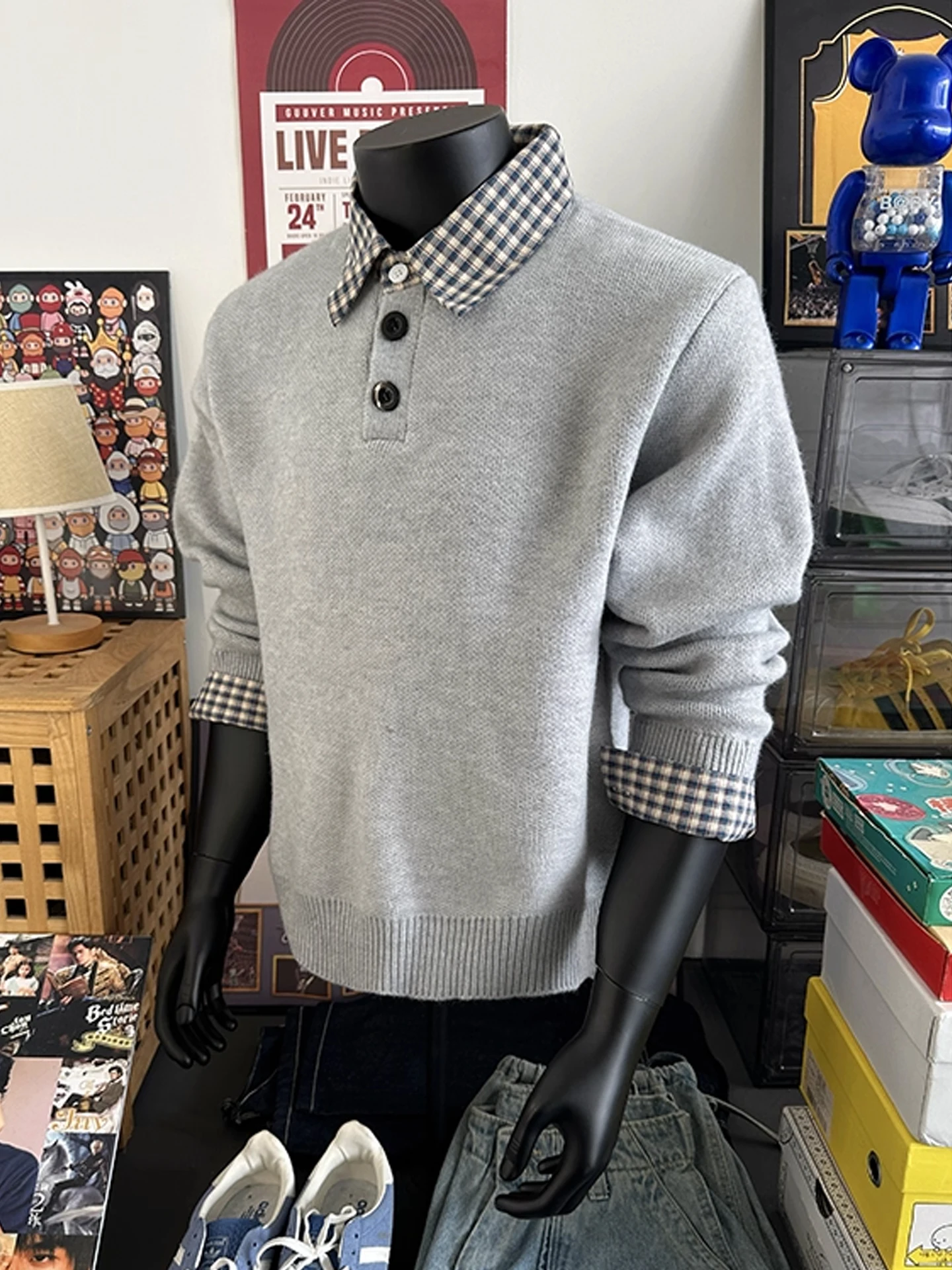 

Мужской вязаный свитер Cleanfit с воротником-стойкой, имитация двухслойности, повседневный стиль, длинный рукав, мягкий полиэстер, осенний модный тренд