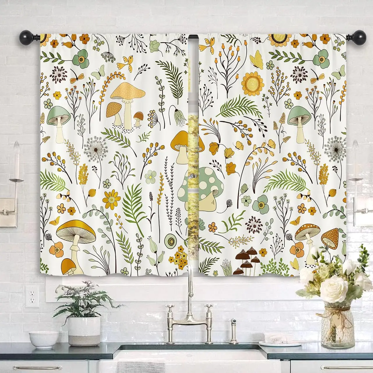 2pcs Floral Botanical Print Window Curtain Pair Home Decor Drapes Whimsical Cottagecore Garden Style Curtains