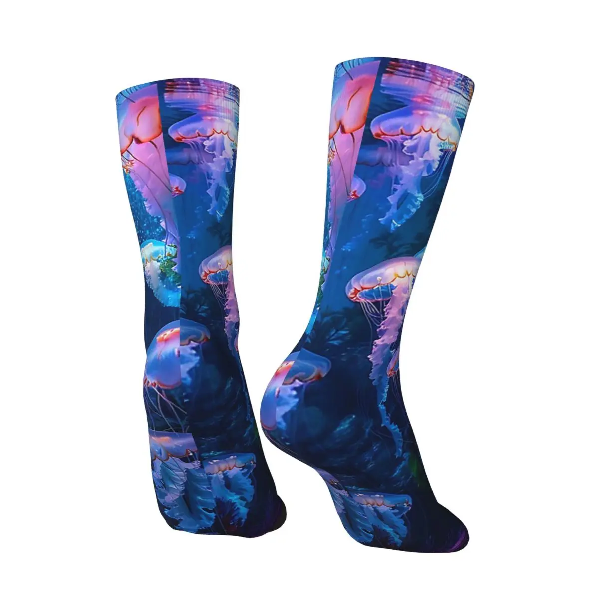 All Seasons Colorful Glowing Ocean Light Jellyfish Socks Harajuku Sport Middle Tube Socks Casual Stockings for Men Women