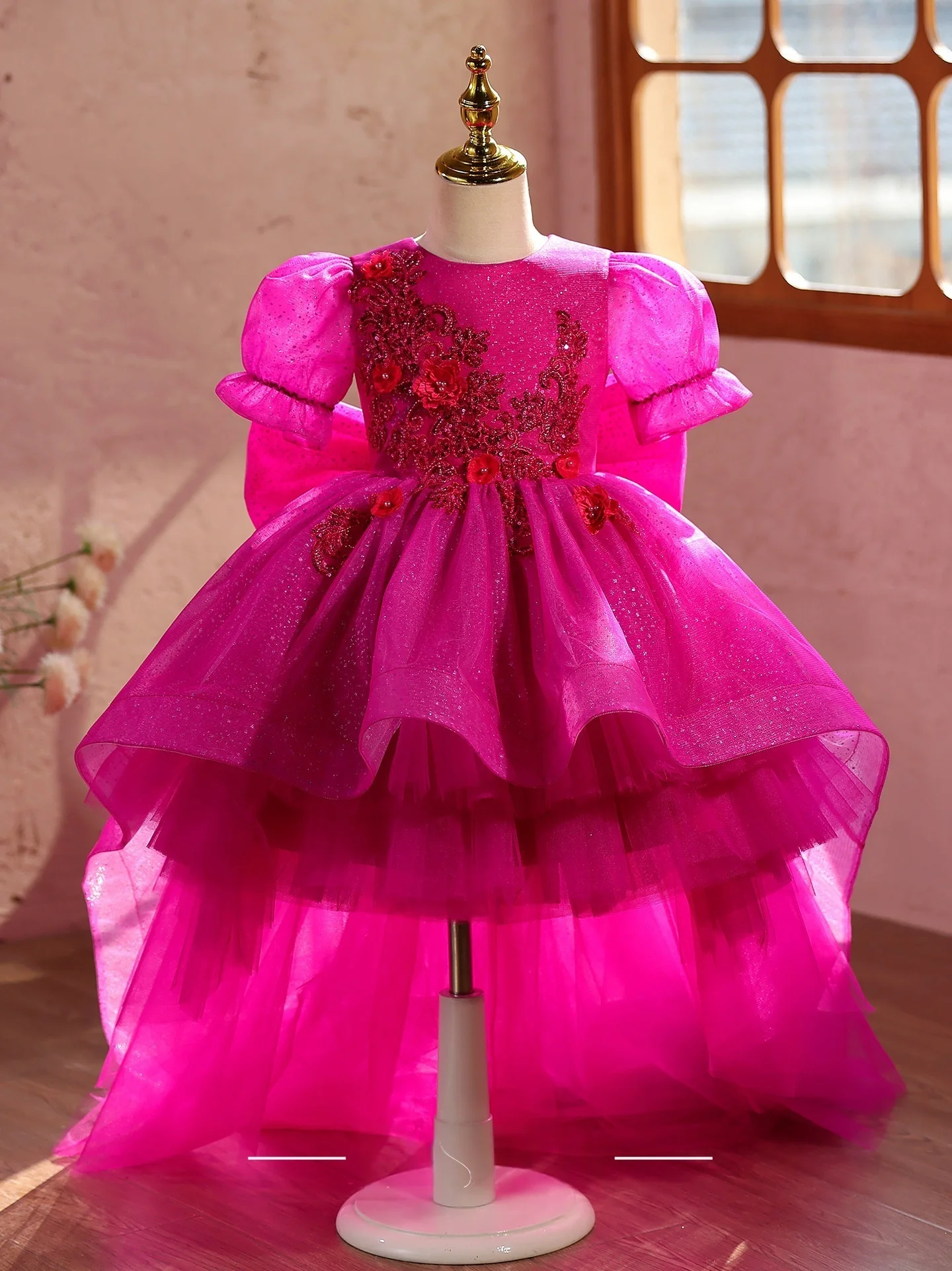 Custom Flower Girl Dress Wedding Gown Birthday Party Pageant Dress Puff Sleeve 3D Floral Embroidered High Low Tulle Ball Gown Fo