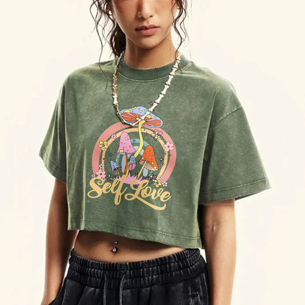 Mushrooms That Grow Freely Print Women Washed T-Shirt Casual Crop T Shirt Summer Cotton Clothes Fashion Slim Short Sleeve Female - Image 4