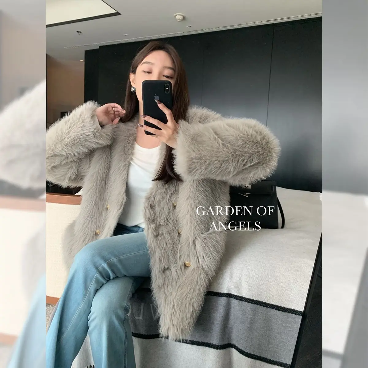 

Temperament Double Breasted Top 2023 New Female Winter Plush Thick Warm Loose Women Faux Fox Fur Coat Loose V-neck Fur Coat C55