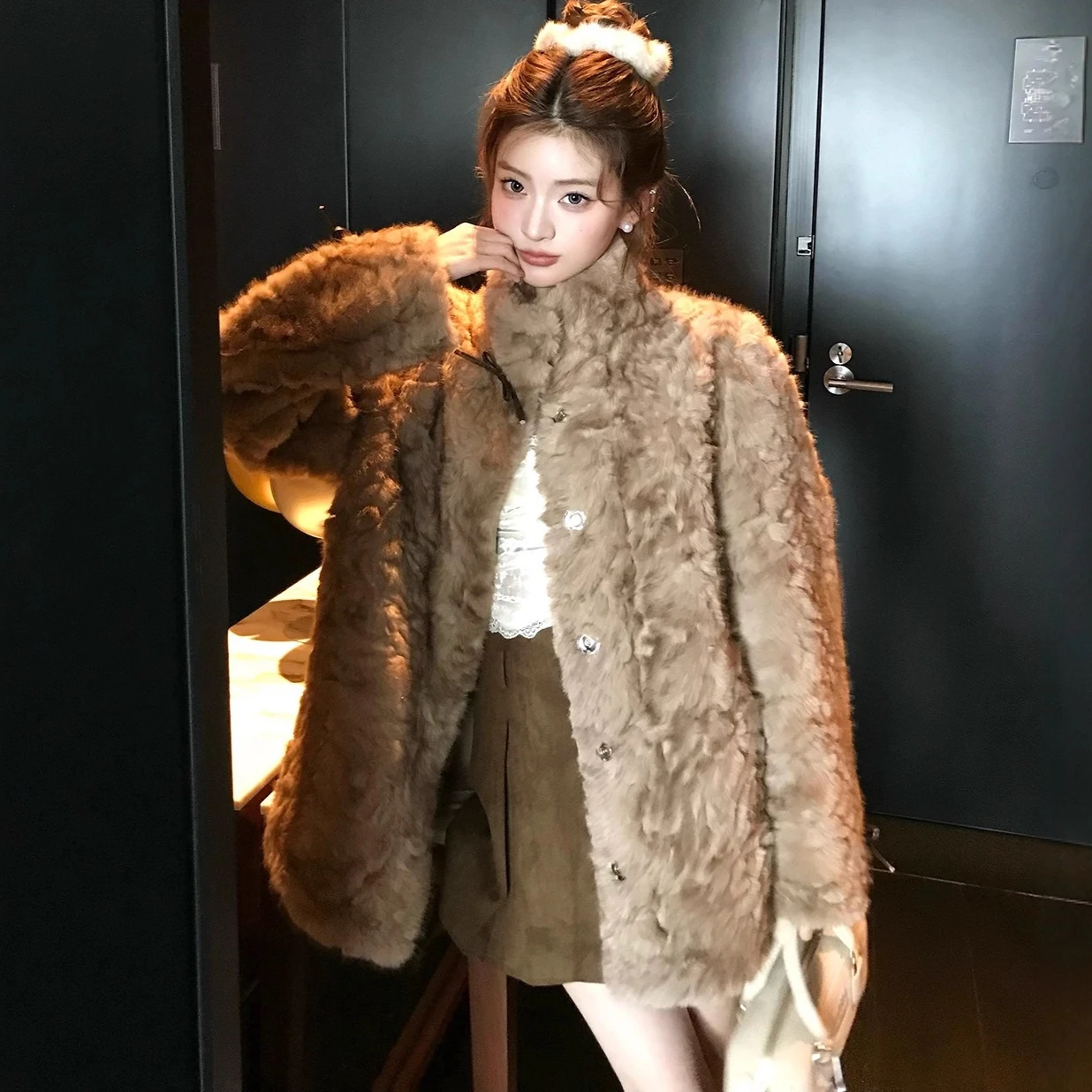 

Women Faux Fur Coats Jackets Stand Collar Coat Thick Warm Y2k Streetwear Jacket Lamb Wool Elegant Work Outerwear Autumn Winter