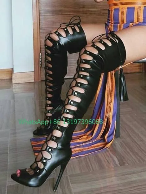 

Lady black hollow design lace-up adjust thigh boots stiletto heel back zip shoes peep toe design sandals high heels footwear 46