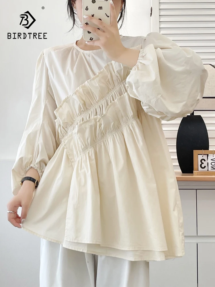 

Новая женская хлопковая рубашка с длинным рукавом Весна 2026, с круглым вырезом, оборками и пэчворком, в стиле Mori Girl, французский преппи-стиль, свободная блузка T61081CC