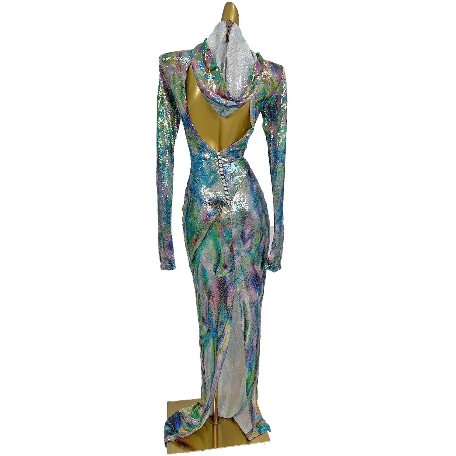 Hooded Dress Women Shiny Sequins Backless Colorful Long Dresses Nightclub Party Performance Dance Costume Stage Wear Baoyu