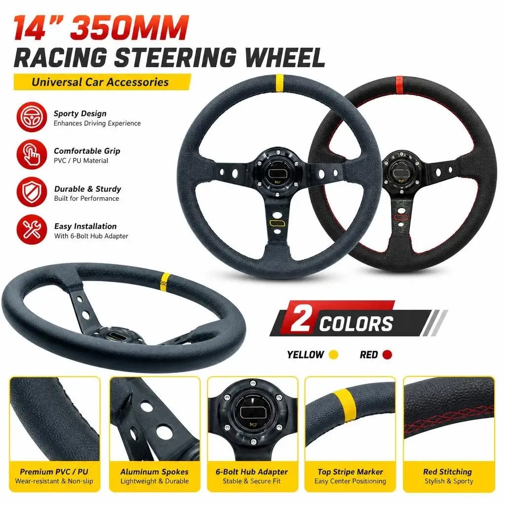 Accessoires universels pour voitures : volant de course en PVC/PU de 14 pouces (350 mm), avec un profil profond, idéal pour le drifting et les sports automobiles, compatible avec la plupart des véhicules et doté d’un adaptateur de moyeu à 6 boulons.