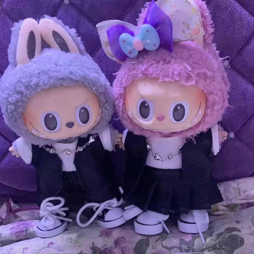 

Mini Doll'S Clothes Outfit Accessories For 15-17cm Labubu and 10cm cotton doll Black Leather Vest Skirt Cool Outfit Set Clothing