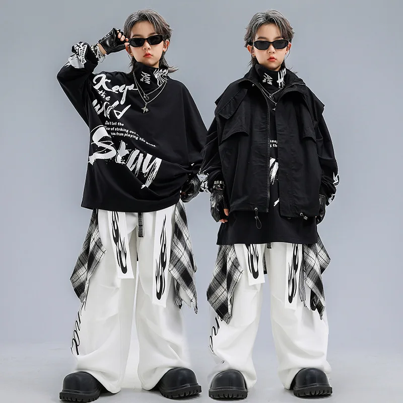 

Детские комплекты уличной одежды в стиле хип-хоп для мальчиков и девочек: футболка с длинным рукавом, жилет, брюки, спортивные костюмы, одежда для выступлений на сцене, танцевальный костюм для детей