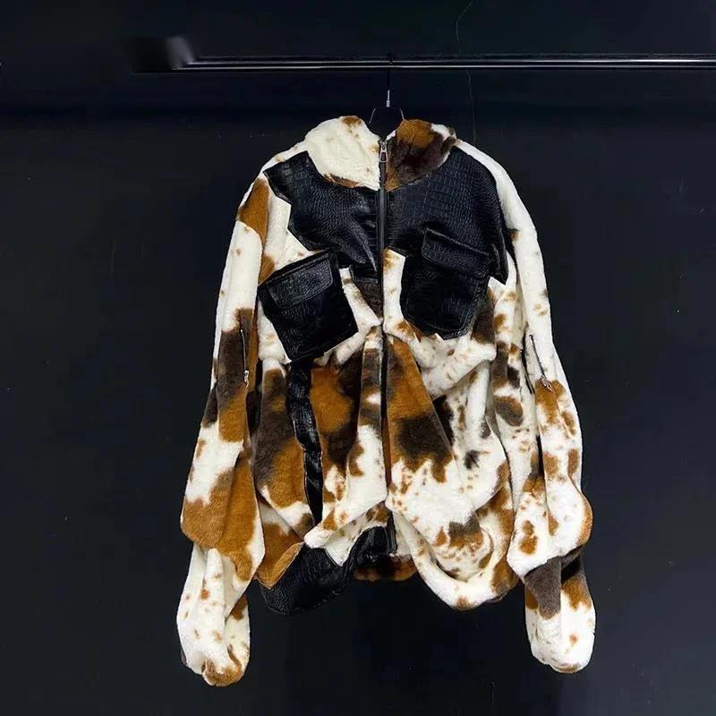 Niche Design Men's Hooded Jacket Leopard Zebra Fur Decoration Loose Casual Long Sleeve Personality Patchwork Coats FDR56
