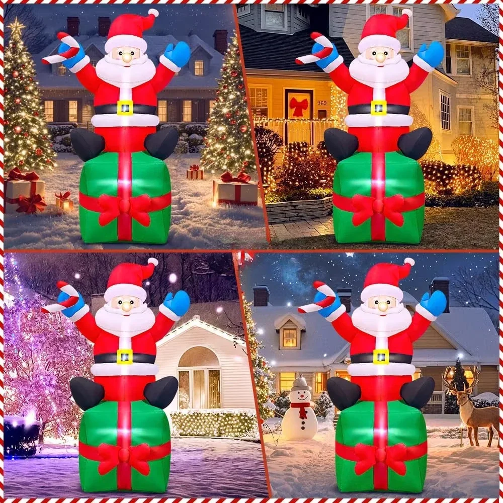 110-240V 6FT Christmas Inflatable Santa Claus Outdoor Decorations Sitting on Gift Box Decoration with LED Lights