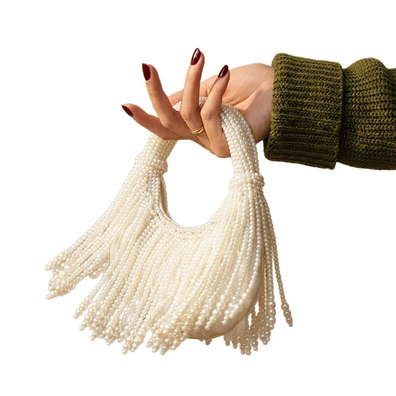 New Chinese Style Hand‑woven Pearl Beaded Handbag Women White Underarm Shoulder Bag For Evening Banquet Part