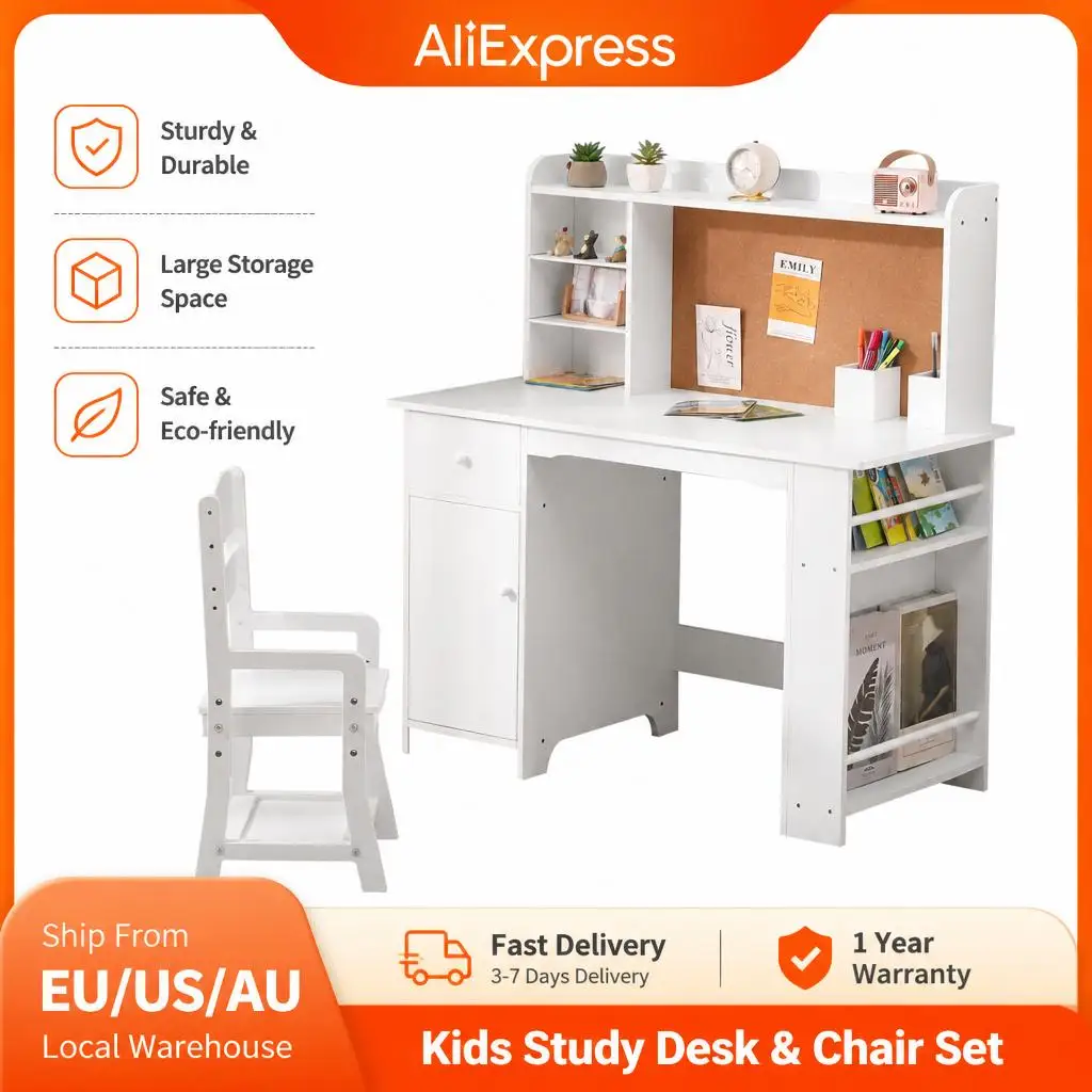 Kids Study Desk with Chair, Kids Desk and Chair Sets with Hutch, Drawer and Storage Cabinet, Wooden Children Study Table with Cork Bulletin Board, Student Writing Desk for Kids Bedroom, White