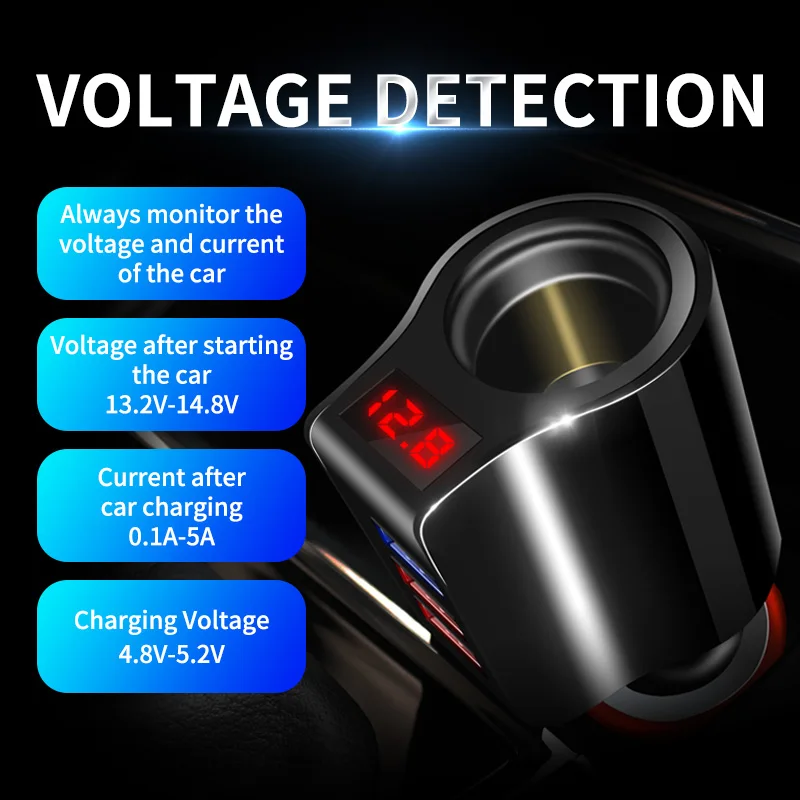 Cargador de coche de carga rápida, enchufe de encendedor de cigarrillos para vehículo, expansión de 3 puertos USB, pantalla LED, adaptador de corriente Universal para teléfono de coche