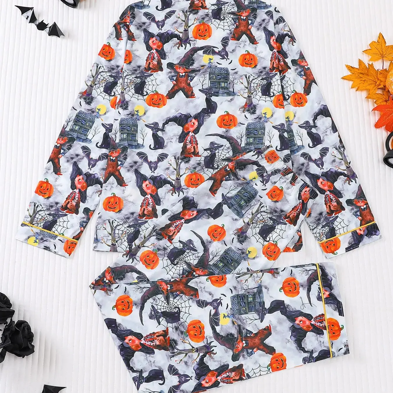 Halloween Themed Women's Pajamas Set Witch Pumpkin Bat Print Lapel Collar Long Sleeve Long Pants 2 Piece Casual Loungewear