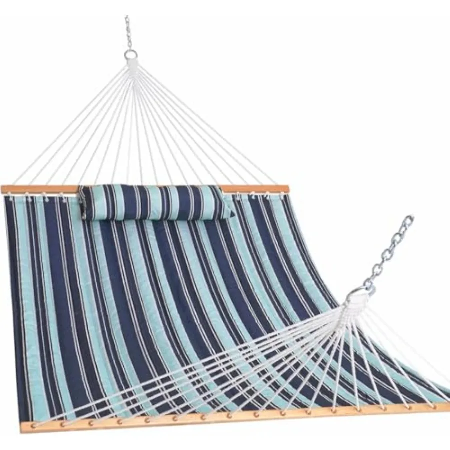

12 FT Quilted Fabric Double Hammock with Spreader Bars and Detachable Pillow in Navy Blue for Outdoor Use 450lbs Weight Ccity