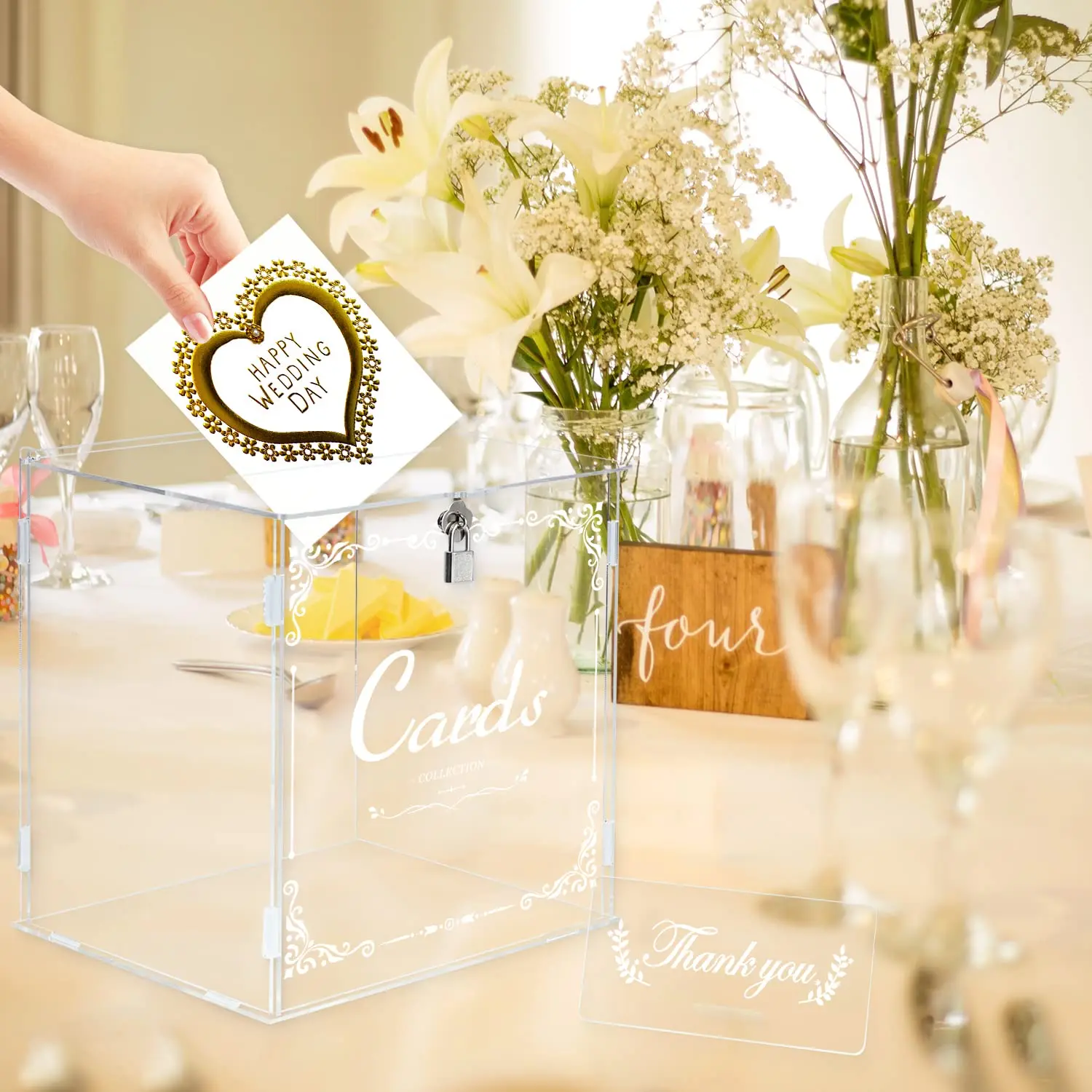 

Custom Acrylic Wishing Well With Lock for Wedding Reception Wedding Card Box With Slot Invitation Card Collection Box With Logo
