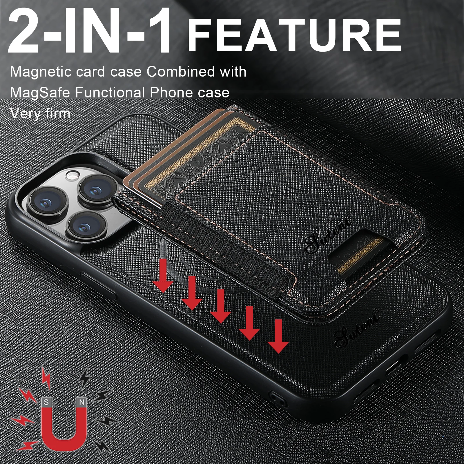 Suteni 2-in-1 Magnetic MagSafe Wireless Charging Case Support Luxury PU Leather Case for iPhone 16 Pro Max 15 Plus 14 13 12