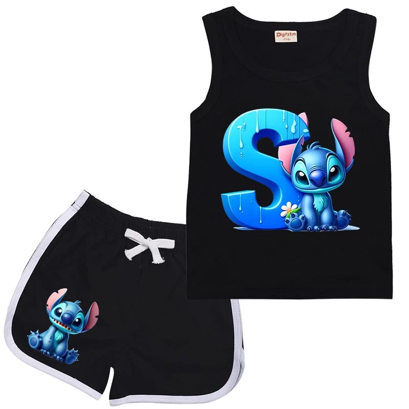 New Children Suit Stitch Letter A -Z Sports Black Clothes Casual Sleeveless Girl Boy Vest & Shorts 2Pcs Sets Kids Summer Wear