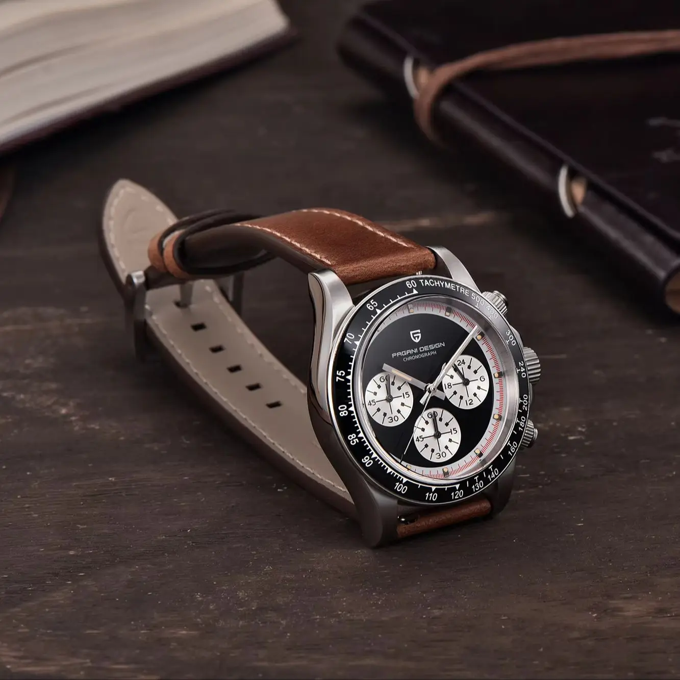 PAGANI DESIGN Vintage Racing Men Quartz Watch Panda Dial Leather Luminous Waterproof Tachymeter Dress Chronograph For Gentlemen view 4