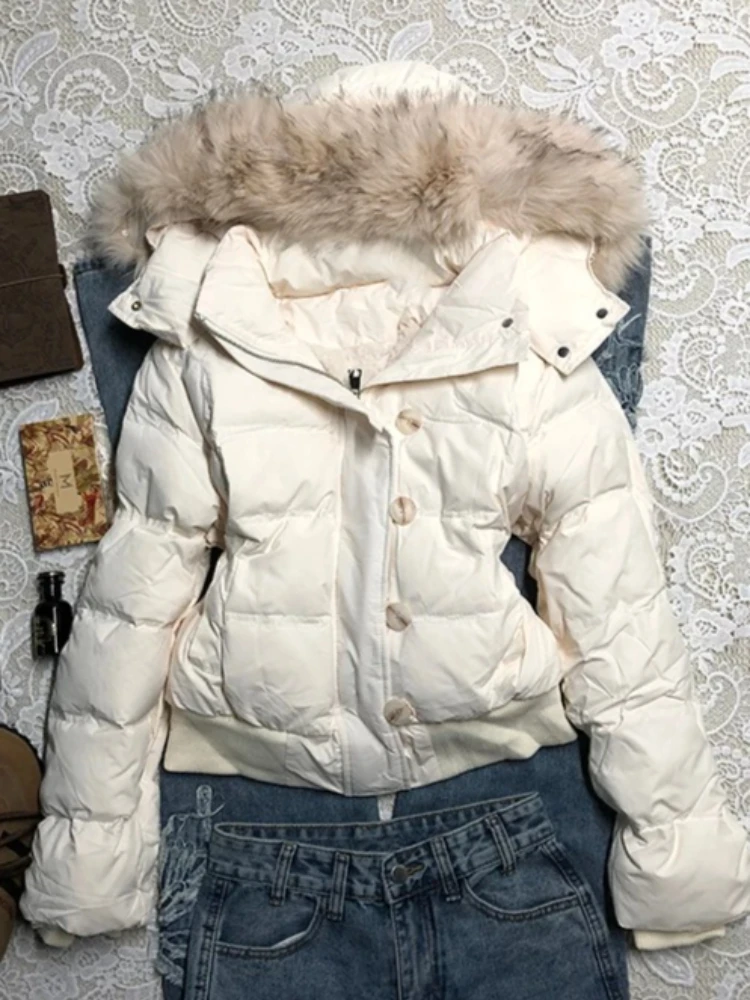 Women Winter Faux Fur Collar Parkas Cotton‑padded Jacket Korean Style Warm Y2k American Vintage Harajuku Casual Outwear Coats