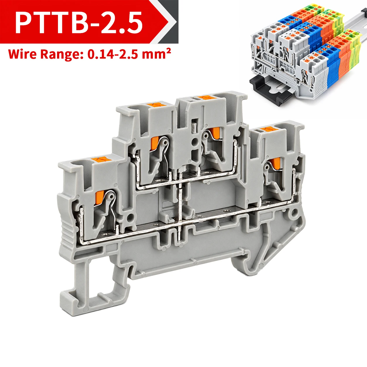 DIN Rail Terminal Blocks PTTB-2.5 Push-In Double Level 0.14-2.5mm2 Screwless Electrical Wire Connectors for Control Panel Wiring
