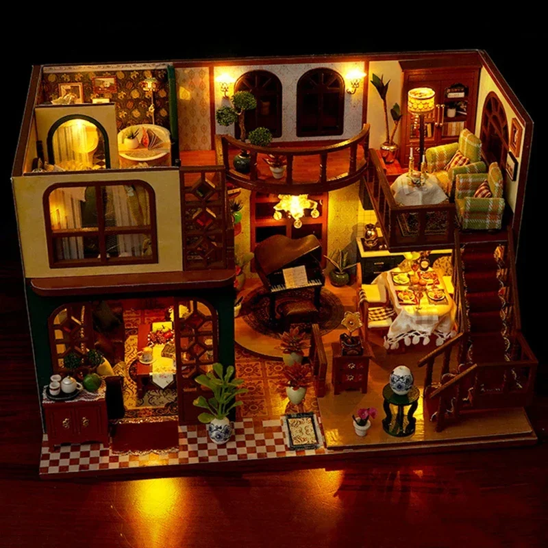 

European Villa Dollhouse With Furniture LED Lights DIY Wooden Casa Doll Houses Miniature Building Kits for Girls Birthday Gifts