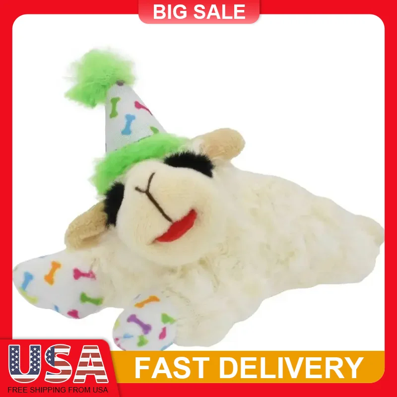 

Birthday Lamb Chop Dog Toy Plush Squeaky 6 Inch Small Puppy Interactive Play Cuddle Party Hat Confetti Fun Soft Pet