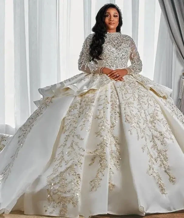 

Luxury Arabic Style Shiny A-Line Lace Crystal Fluffy Wedding Dress Sexy Long Sleeved Plus Size Princess Bridal Gown Customized