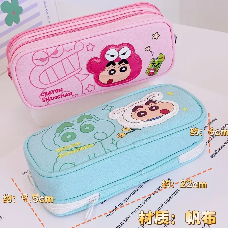 Kawaii Crayon Shin Chan Double-layer Pen Case Cute Anime Canvas Shin-chan Panda Pencil Case Girls Stationery Storage Box