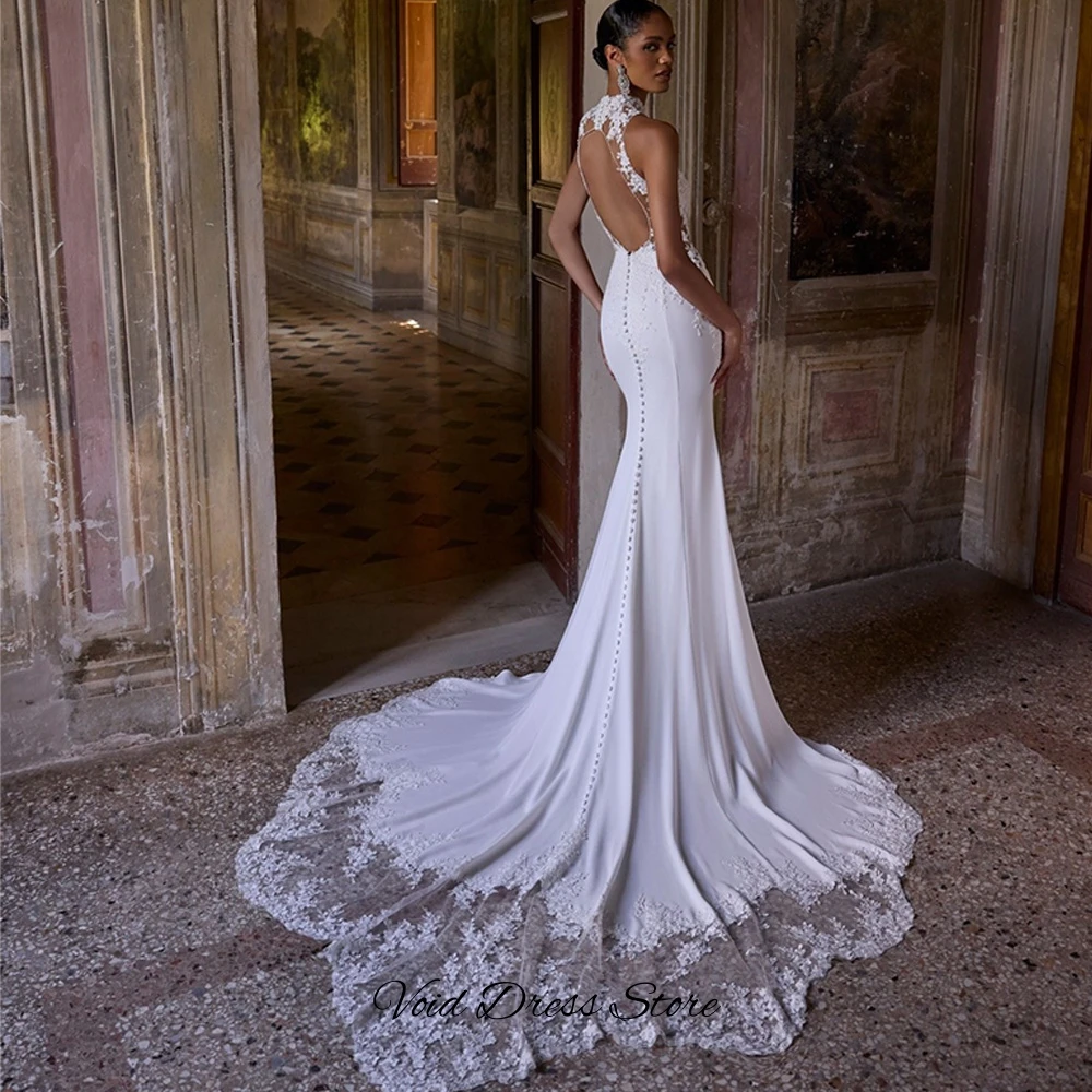 Modern Backless Mermaid Customized Bridal Gowns High Collar Wedding Dress with Shawl Luxury Appliques Jersey