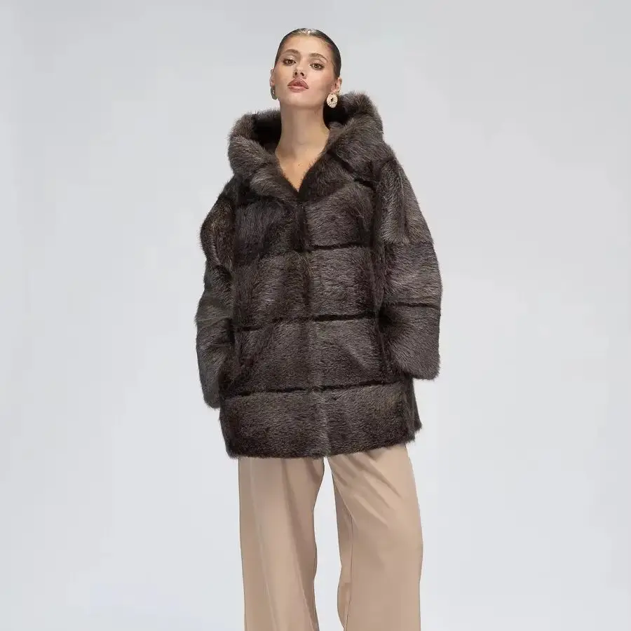 IG Women Hooded Horizontal Paneled Mid-Length Faux Fur Coat, Long Sleeve Side Pockets Oversized, Winter Warm Luxury