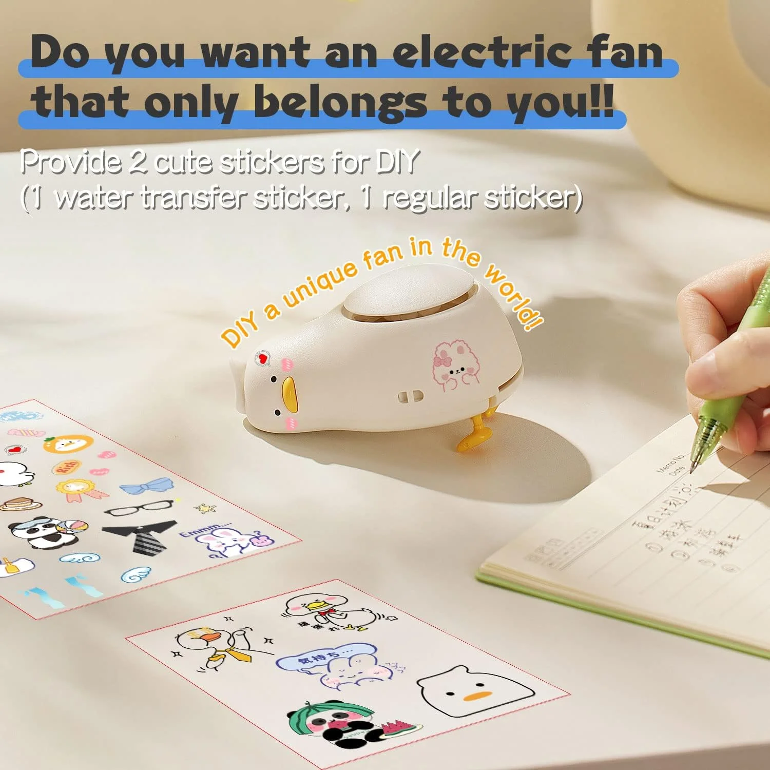 مروحة رقبة محمولة مع حبل، مسطحة مع ملصقات DIY، سطح مكتب خالي من الشفرة، مروحة رائعة صغيرة، قابلة لإعادة الشحن عبر USB، بيرسو