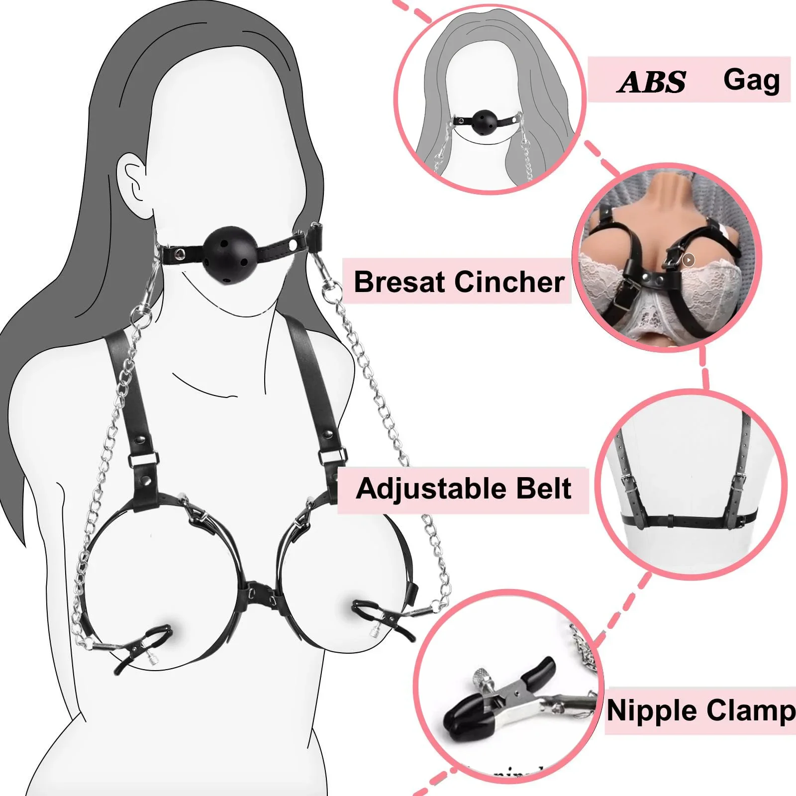 BDSM الجنس عبودية قيود الثدي مع الكرة الكمامة الحلمة المشابك عبودية تسخير الجنس لعب للنساء الكبار مثير الصدر SM ألعاب
