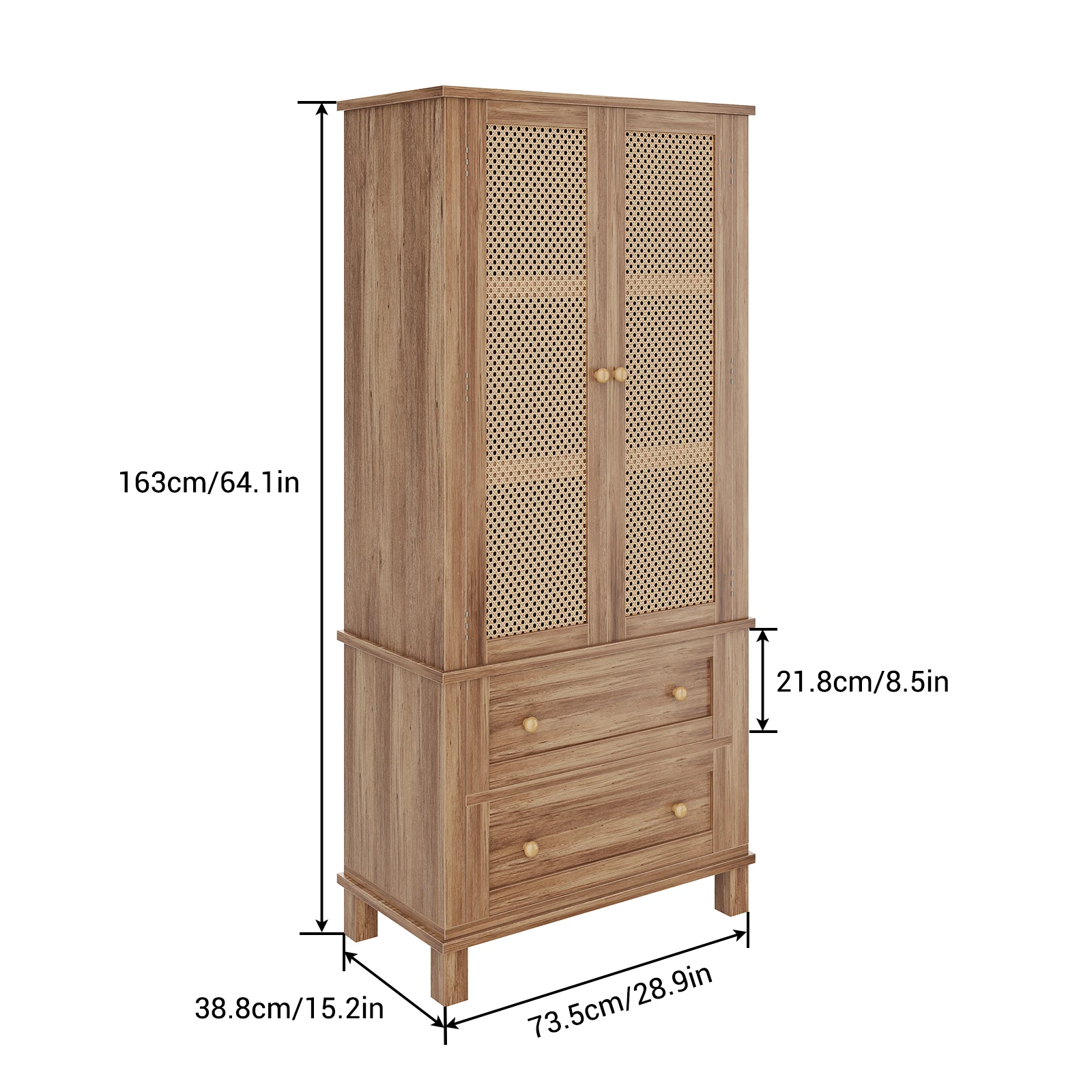 Tall Kitchen Pantry, Kitchen Pantry Storage Cabinet with Rattan Doors, Adjustable Shelf and 2 Drawers, Freestanding Cupboard