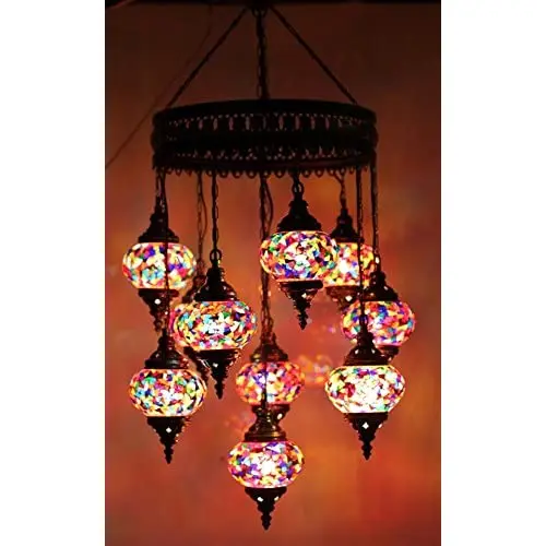 Mosaic Chandelier Set 9 Globe, Handmade Authentic Tiffany Lighting Moroccan Lamp Glass Stunning Bedside Night Lights Brass & Glass