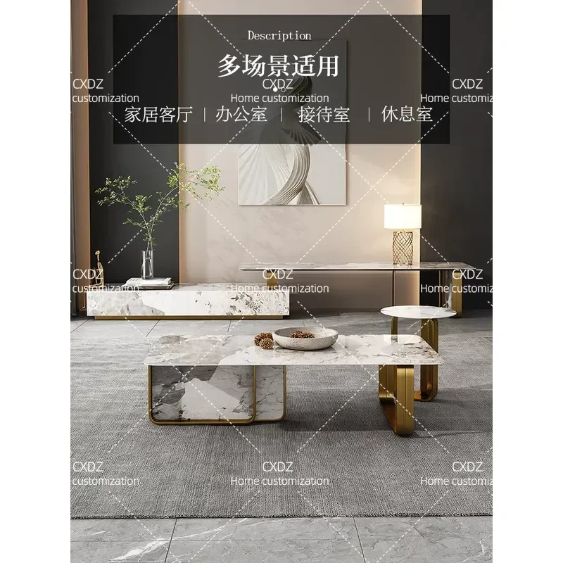 Modern Rectangular Coffee Table Set with Sintered Stone Top and Electroplated Base Luxury Living Room Furniture for Small