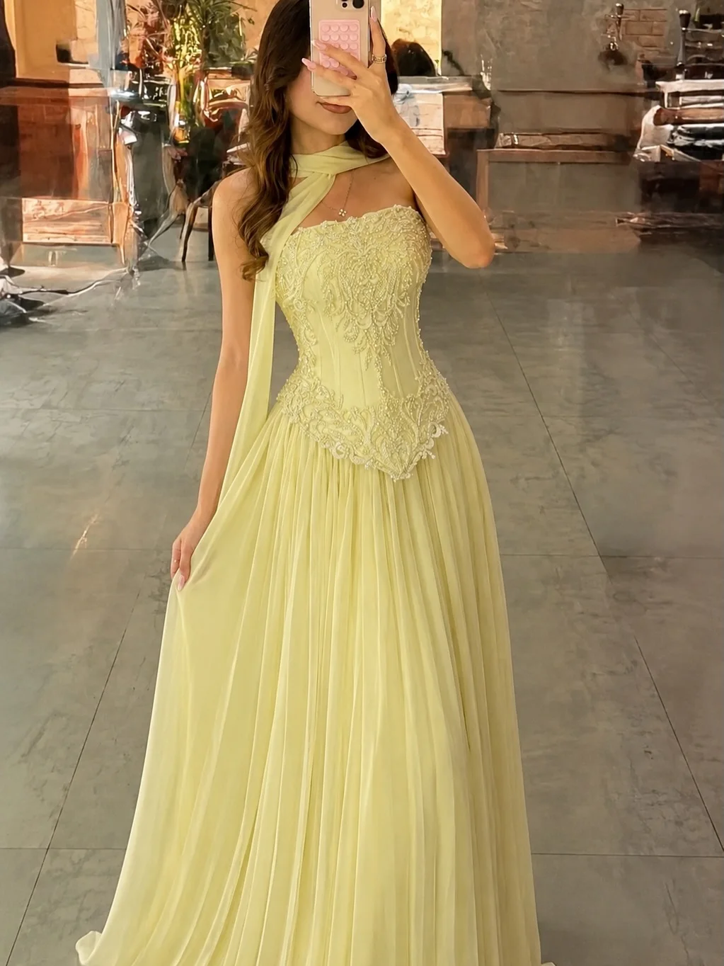 Customized Sexy Yellow Lace Corset Prom Dress Women's Spaghetti Strap Ruched Bust Flowly Chiffon Party Gowns Lady Evening Dress