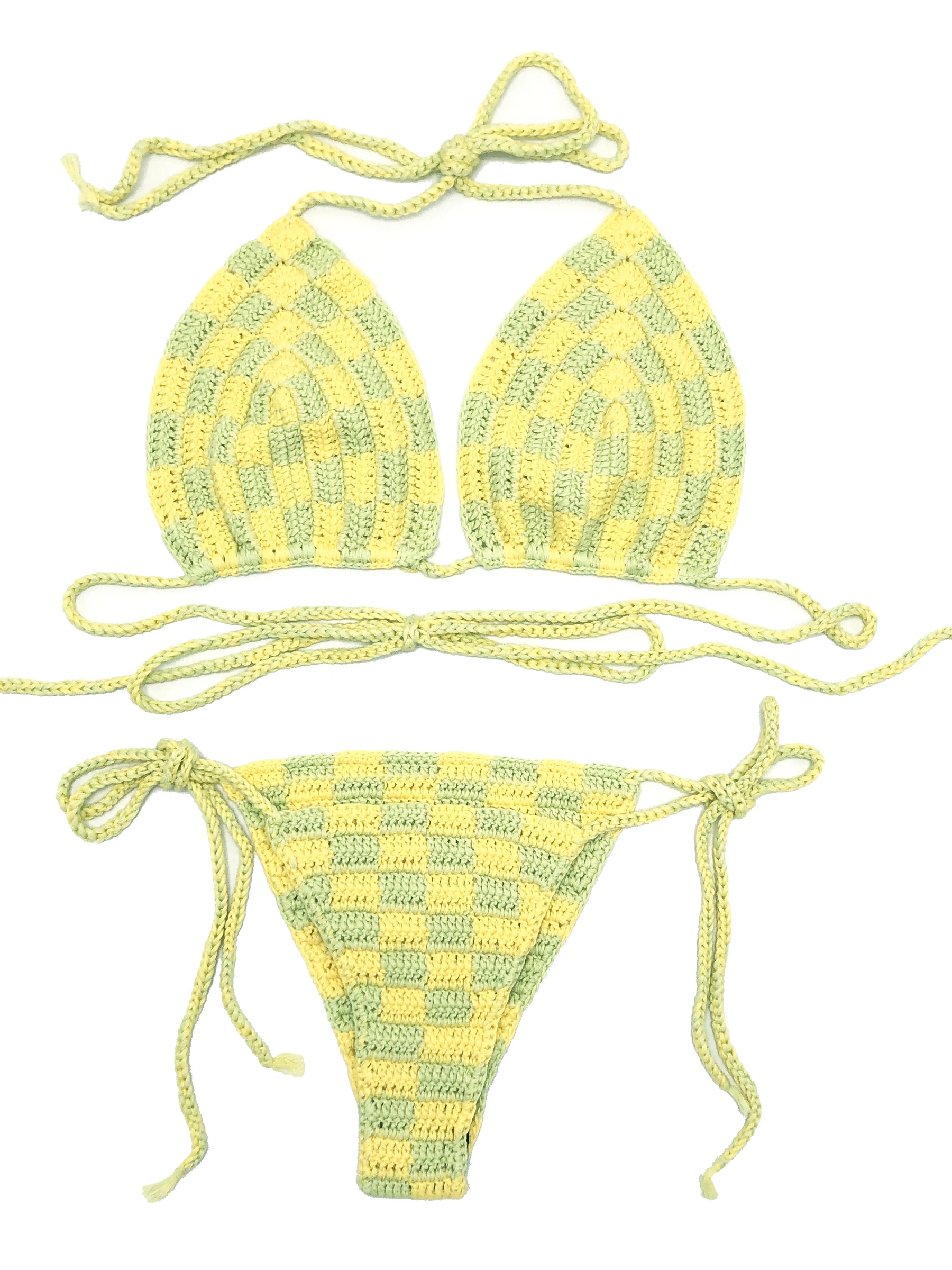 Conjuntos de biquíni sexy feminino crochê checker biquinis brasileiros designer maiô luz verde e amarelo banho ajustável