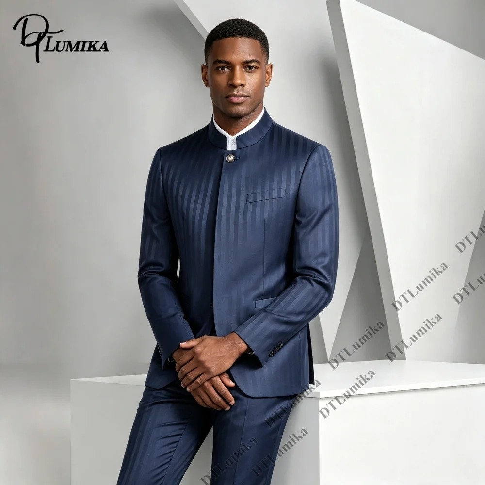 Striped Mandarin Collar Men Suit 2 Pieces Blazer Pants Traditional Festival Celebration Party Tuxedo Wedding Groom Business Suit
