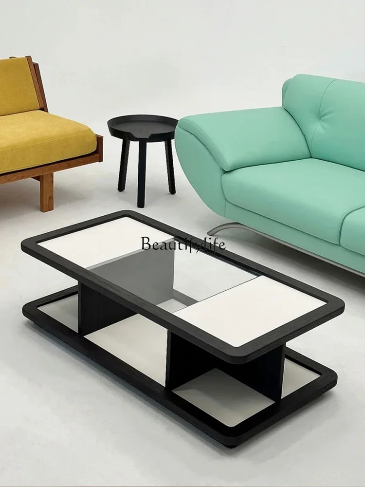 

z.Living Room Ash Large Coffee Table Home Tempered Glass Color Matching Medium Ancient Solid Wood Tea Table