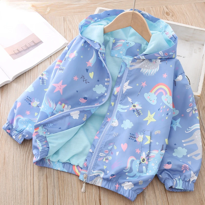 2023 Kid Autumn Jacket Coat Baby Girl Rainbow Unicorn Jackets Toddler Girls Clothes Flower Sailboat Printed Cute Outwear