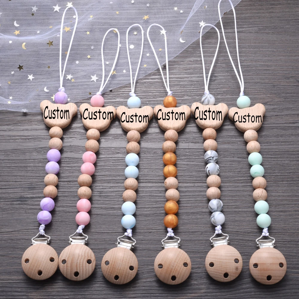 Customized Name Wood Baby Pacifier Chain Clip Silicone Bead Dummy Nipple Holder With Name Teether Pendant Baby Gift