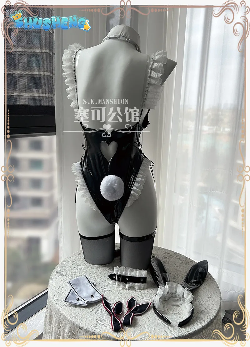 Prinz Eugen Azur Lane KMS Prinz Eugen Cosplay Costume Black sexy leather jumpsuit headwear socks Halloween party bunny girl suit view 6