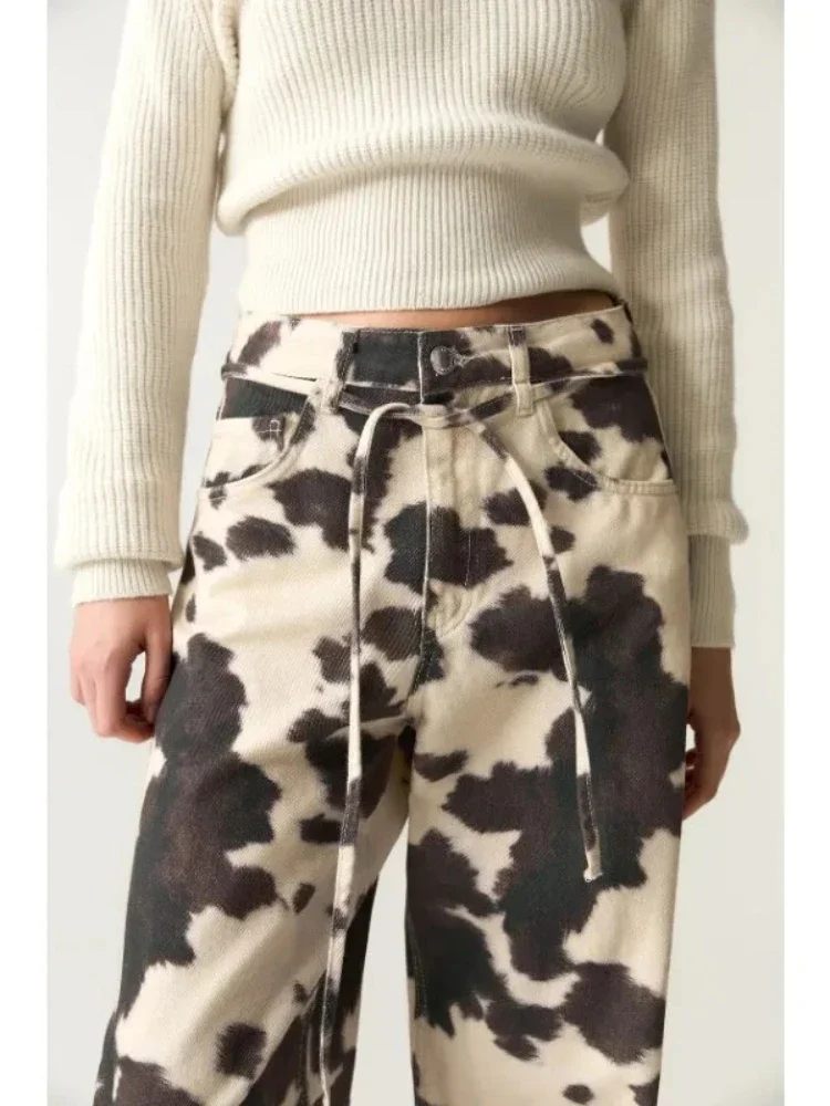 

Deeptown Vintage Cow Print Women Jeans Harajuku Wide Leg American Style Straight Denim Pants Baggy Hippie Streetwear Aesthetic